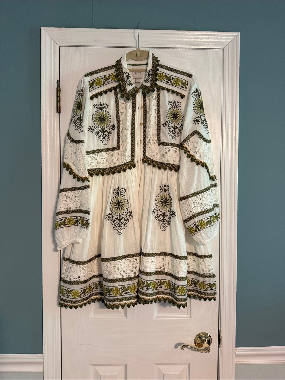 Maeve White Long-Sleeve Embroidered Boho Dress with Olive Accents